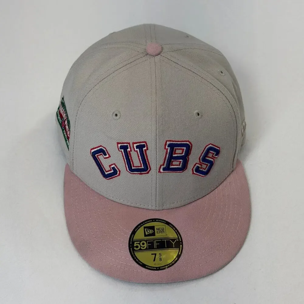 New Era 59FIFTY Chicago Cubs Hat 7 5/8 Tan Pink Cooperstown Wrigley Field 100 Yr